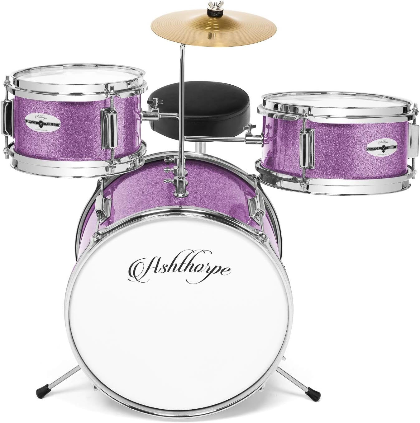 Ashthorpe 3-Piece Complete Drum Set - Beginner Kit with 14' Bass, Adjustable Throne, Cymbal, Pedal & Drumsticks - Purple