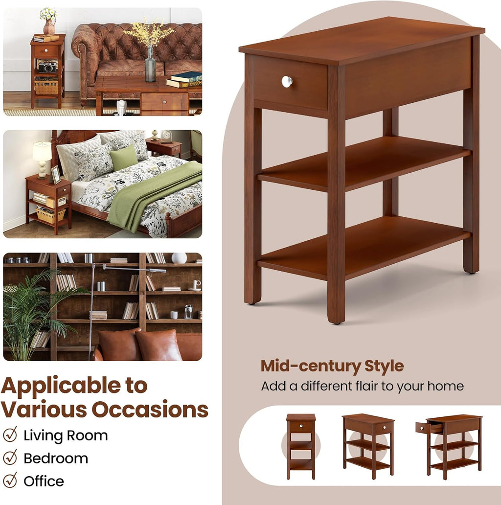 Giantex Narrow End Table Set of 2, Farmhouse Side Tables with Drawer & Storage Shelves, Wood Sofa Side Tables, 3-Tier Nightstands for Small Space, Living Room, Bedroom, 23.5'L x 12'W x 24.5'H, Brown
