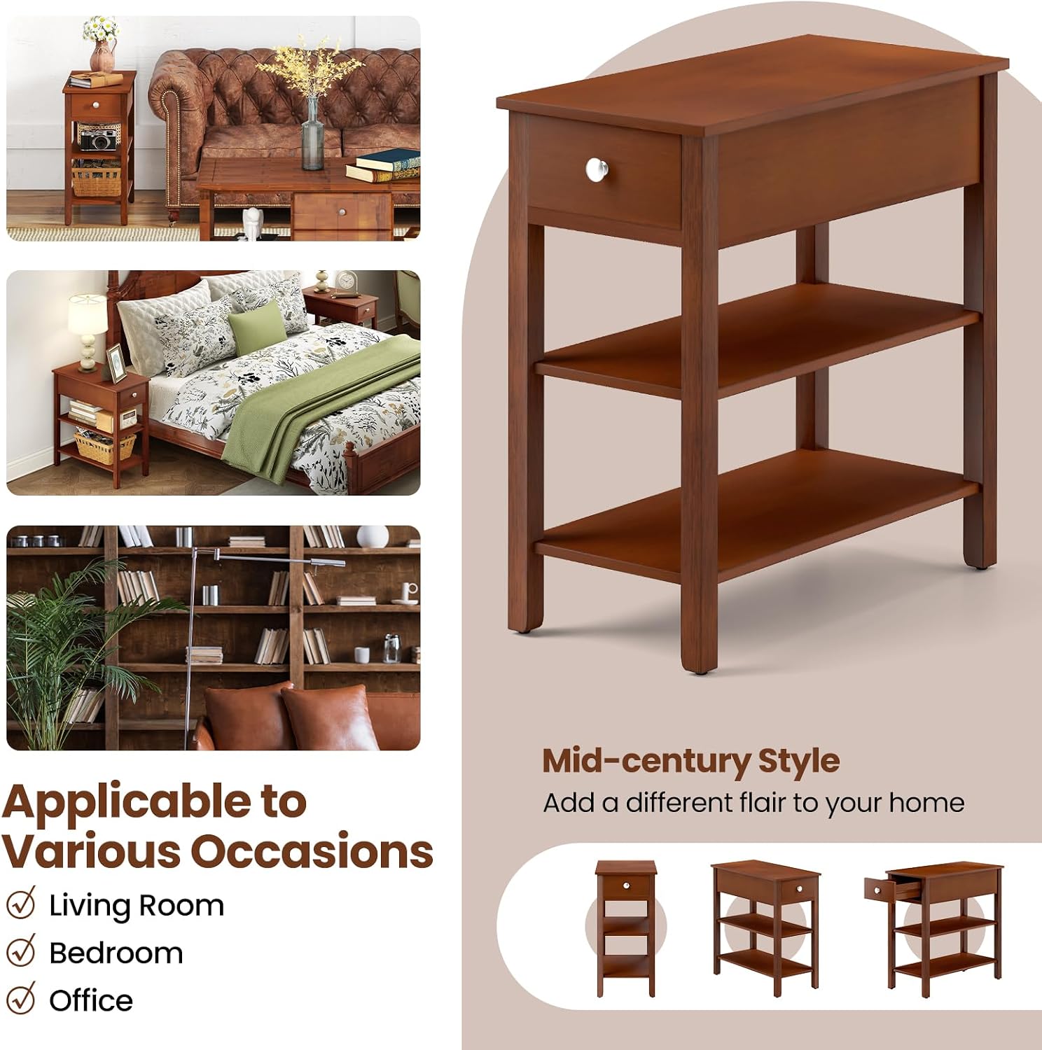 Giantex Narrow End Table Set of 2, Farmhouse Side Tables with Drawer & Storage Shelves, Wood Sofa Side Tables, 3-Tier Nightstands for Small Space, Living Room, Bedroom, 23.5'L x 12'W x 24.5'H, Brown