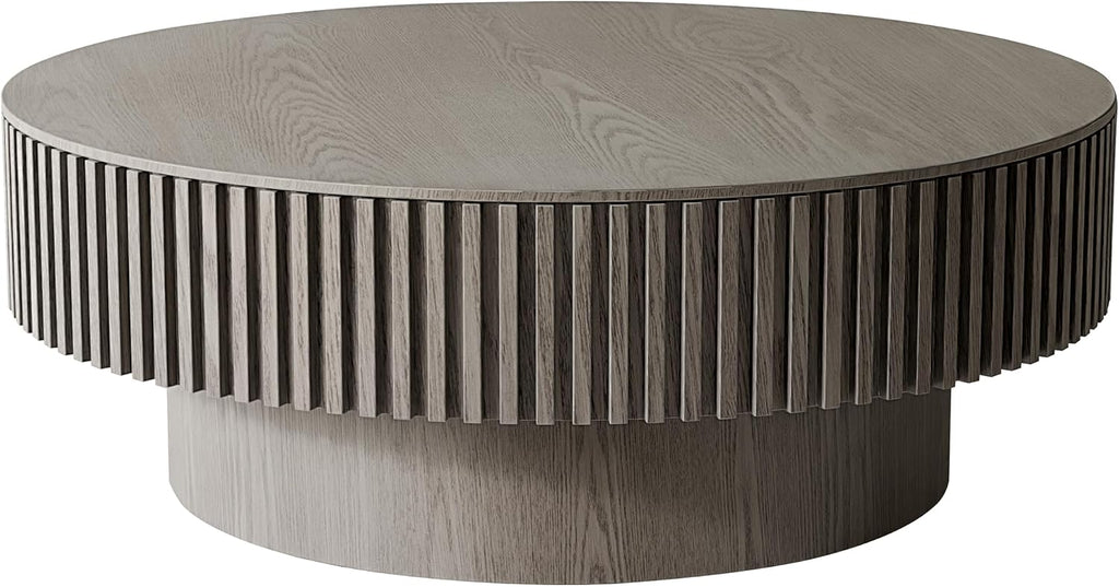 39.37'' Round Coffee Table with Storage, Solid Wood Veneered Modern Drum Coffee Table Accent Tea Table for Living Room, Bedroom, Apartment or Office-Gray