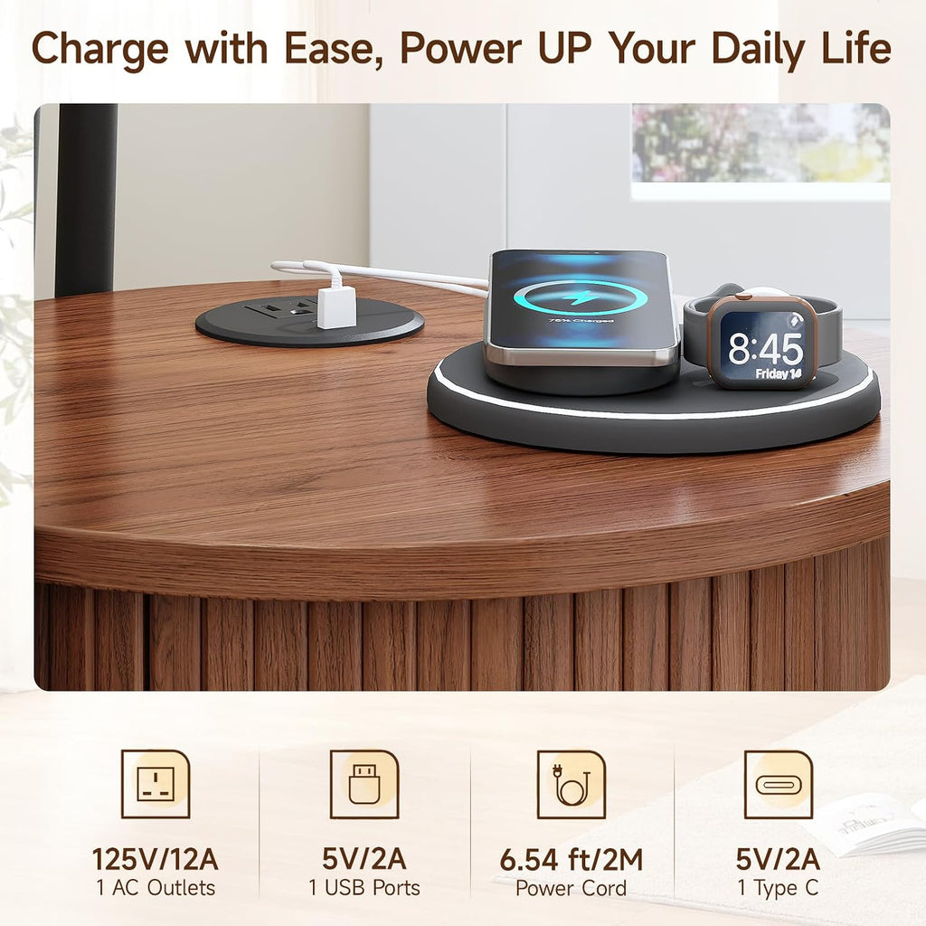 ONBRILL Round Side Table with Storage, Fluted Nightstand with Charging Station, Small Mid-Century Modern Bedside Tables, Walnut End Tables for Small Space Living Room Bedroom Sofa Couch (2 PCS)