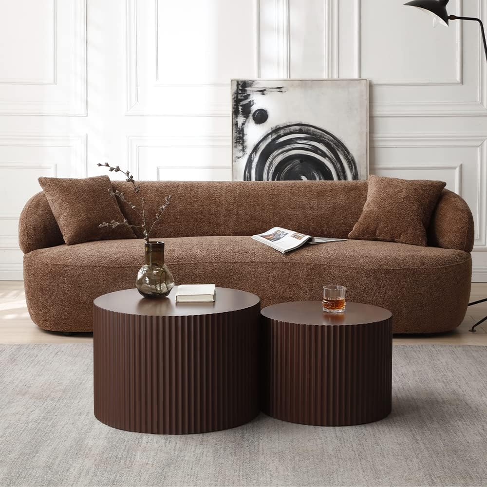 WILLIAMSPACE Nesting Coffee Table Set of 2, Matte Brown Round Wooden Coffee Tables, Modern Luxury Side Tables Accent End Table for Living Room Apartment, 23.62'*23.62'*15.75'H (Brown-Round)