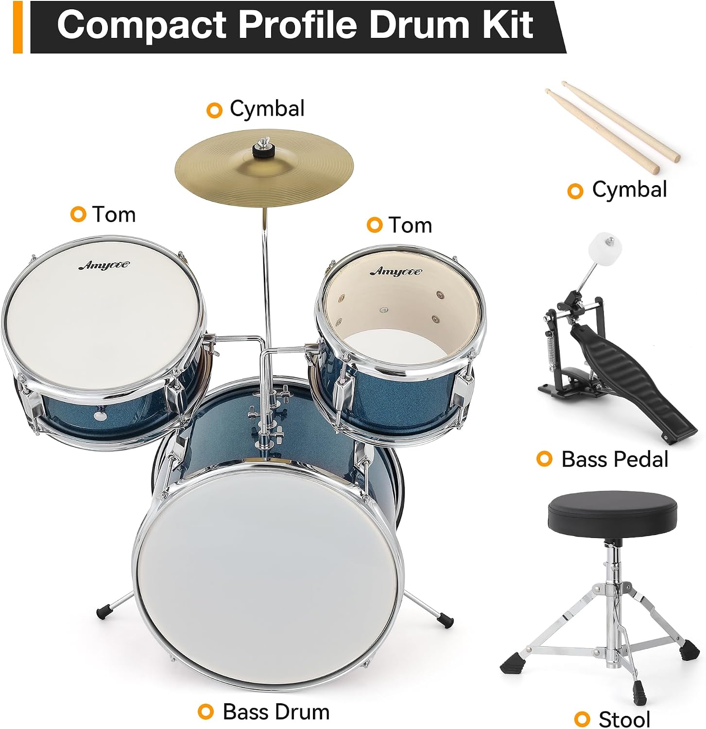 3-Piece Junior Drum Set, 14' Blue Complete Kids Drum Kit with Bass Drum, Snare, Tom, Cymbal, Throne & Sticks, for Ages 3-8 Beginners (Blue)