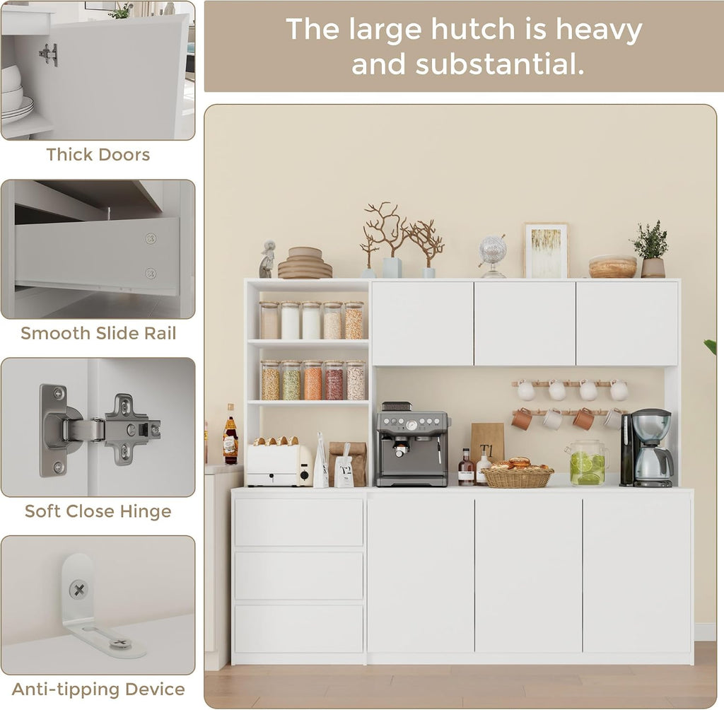 Bobve Large Kitchen Hutch Cabinet with Microwave Stand, Storage Cupboard Pantry with 3-Tier External Shelves and 3 Drawers, Ktichen Food Pantry with Open Countertop for Dining Room, White
