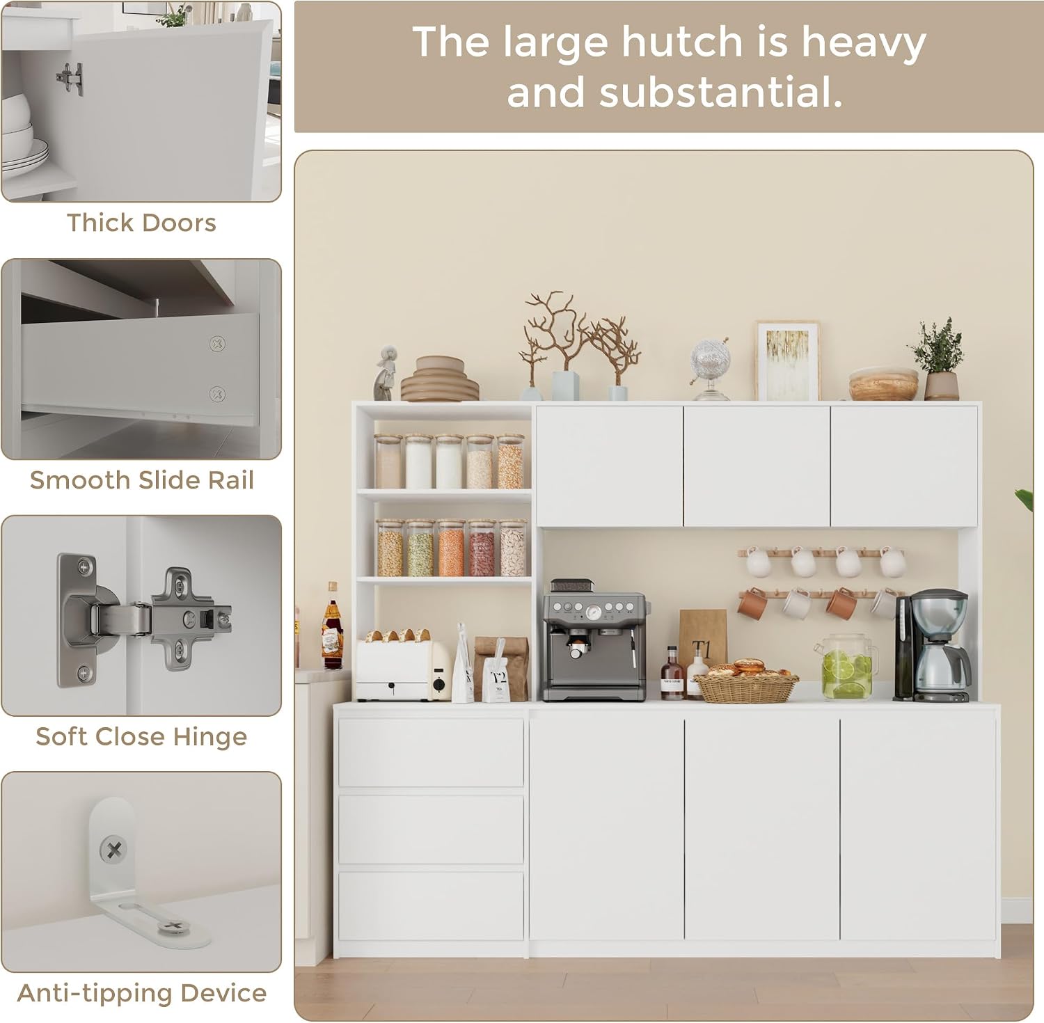 Bobve Large Kitchen Hutch Cabinet with Microwave Stand, Storage Cupboard Pantry with 3-Tier External Shelves and 3 Drawers, Ktichen Food Pantry with Open Countertop for Dining Room, White