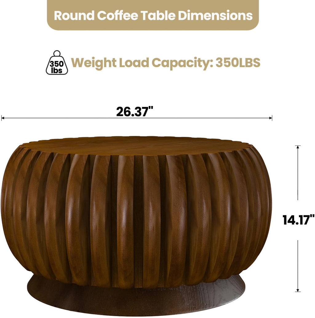 Modern Wood Fluted Round Coffee Table - Handcraft Drum Coffee Tables with Sturdy Base, Contemporary Style Small Circle Coffee Table Tea Table for Living Room,Office - Easy Assembly (Walnut 26.37')