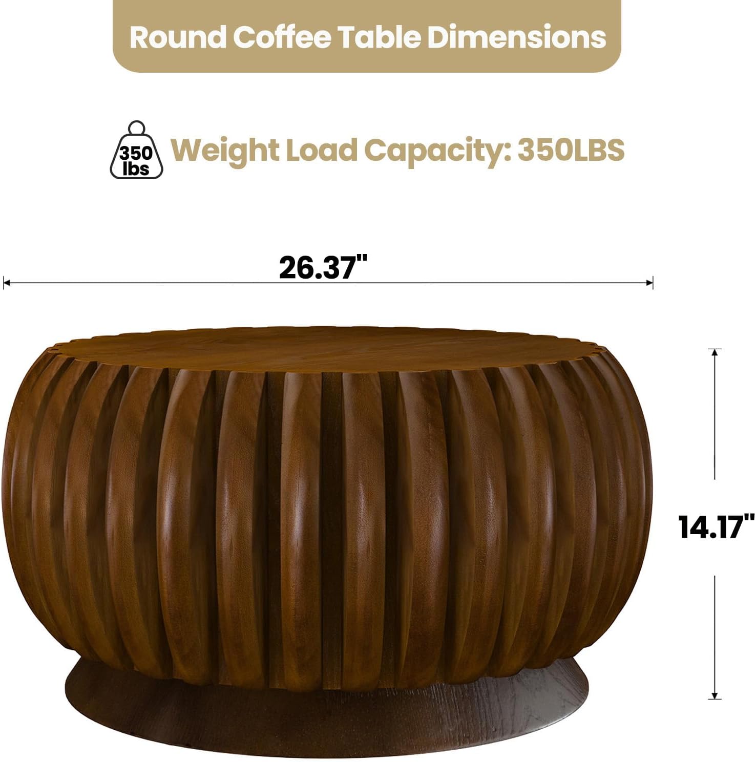 Modern Wood Fluted Round Coffee Table - Handcraft Drum Coffee Tables with Sturdy Base, Contemporary Style Small Circle Coffee Table Tea Table for Living Room,Office - Easy Assembly (Walnut 26.37')