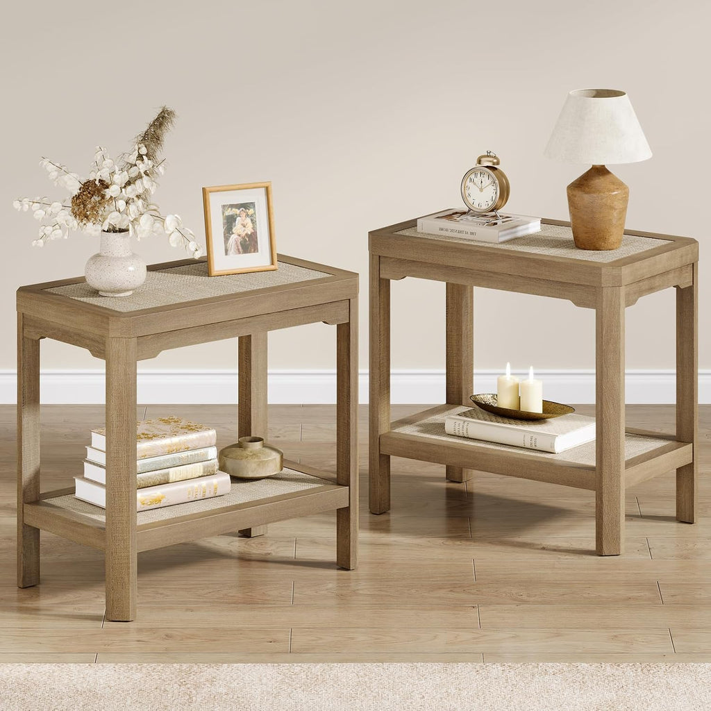 Eclatara Rattan Night Stand Set of 2 - Farmhouse 2 Tier End Table for Bedroom - Accent Side Table wtih Open Storage Shelves for Small Space Narrow Coffee Table Bamboo, Oak