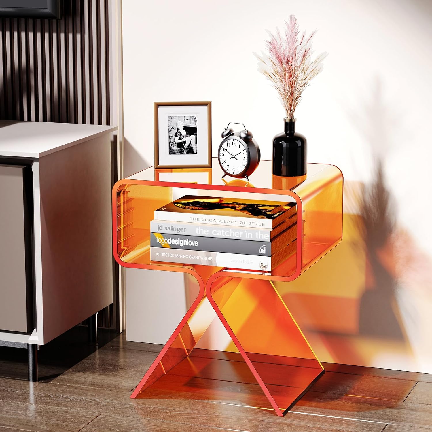 Acrylic Nightstand Side Table Modern Design Clear Home Decor Display End Table for Living Room (Orange)