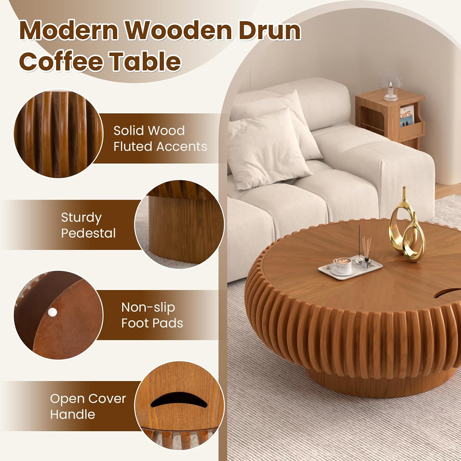 Fluted Round Coffee Table with Storage, 31.5' Modern Drum Wood Coffee Tables with Sturdy Base, Unique Circle Center Tea Table for Living Room Apartment Small Spaces (31.49' Brown with Storage)