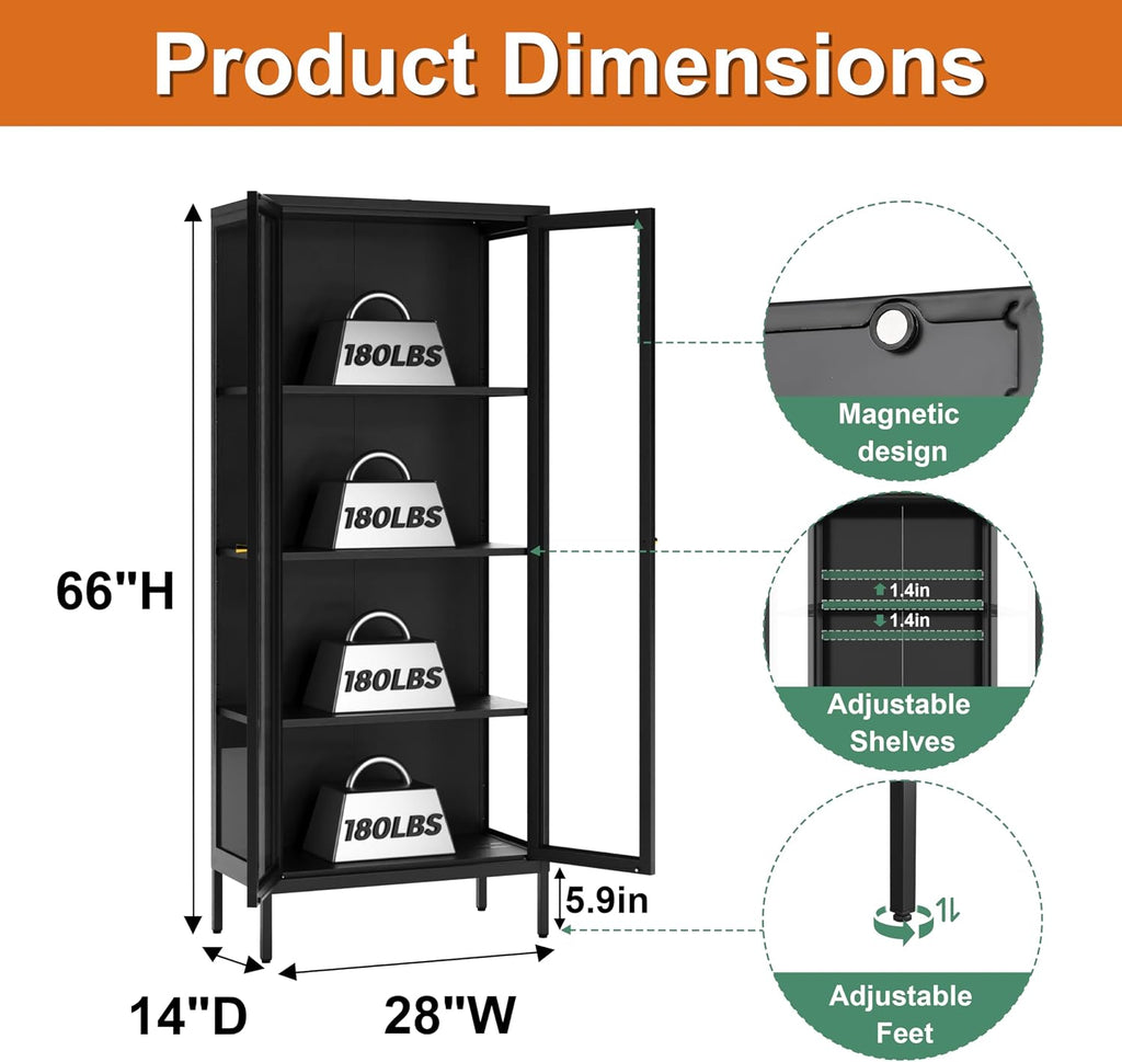 Glass Display Cabinet 4-Tier,66' H Metal Curio Cabinet with Glass Doors and 3 Adjustable Shelves,Display Case for Collectibles,Living Room (No Lights, Black)