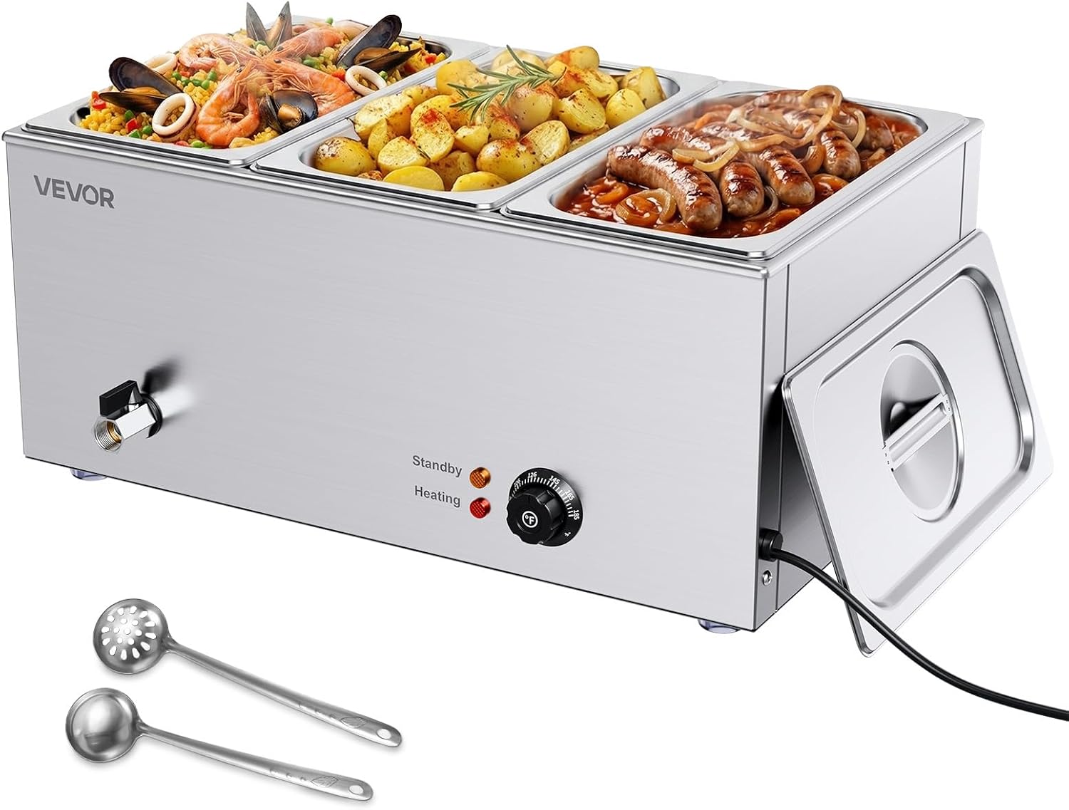 VEVOR 3-Pan Commercial Food Warmer, 24QT Electric Steam Table, 1200W Professional Countertop Stainless Steel Buffet Bain Marie with 86-185°F Temp Control for Catering and Restaurants, Silver