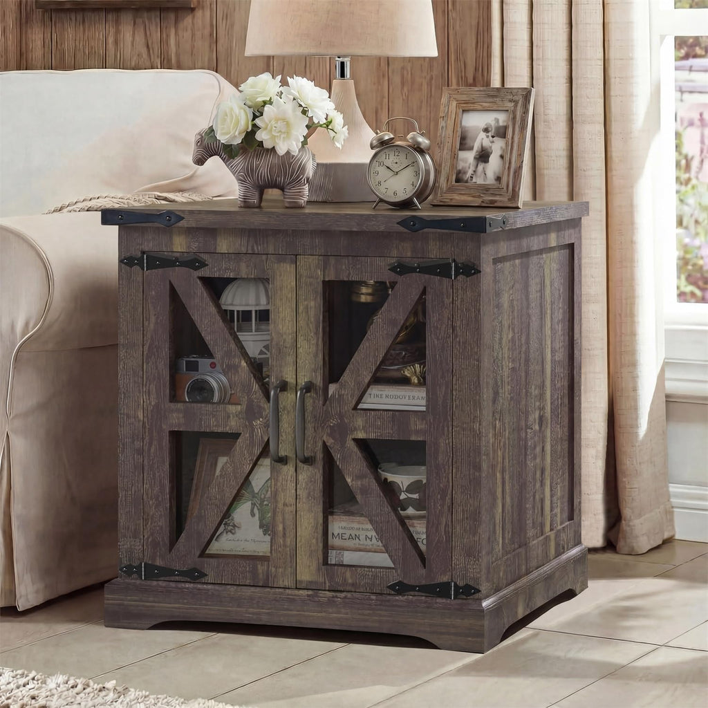 Farmhouse End Table, 24' Large End Tables with Storage, Rustic Square Sofa Beside Table with Glass Barn Door, Wood Side Table Square Nightstand for Living Room, Bedroom, Office (Antique Finish)