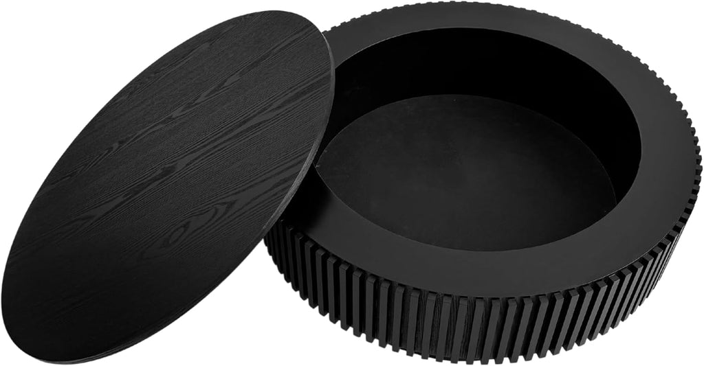 31.5'' Round Coffee Table with Storage, Modern Luxury Circle Drum Center Tables with Solid Wood Veneered, Accent Side Coffee Table for Living Room, Bedroom, Apartment-Black