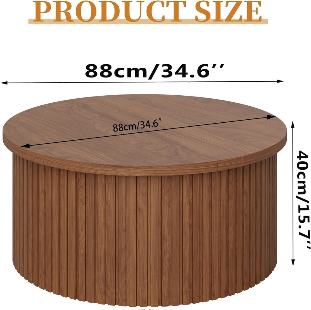 Fsbecl Fluted Lift Top Coffee Table with Storage, 34.6'' Round Coffee Tables for Living Room, Circle Wood Center Table with Hidden Conpartment (Walnut)