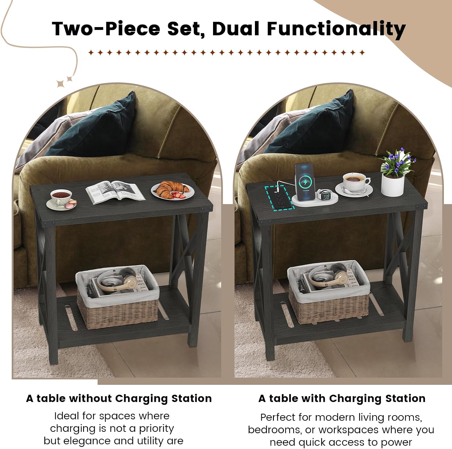 Hadulcet Farmhouse End Tables Living Room Set of 2 - Narrow Side Table with Charging Station, Slim Nightstand for Small Space, Skinny Bedside Table, Sofa Side Table with Storage Shelf, Black