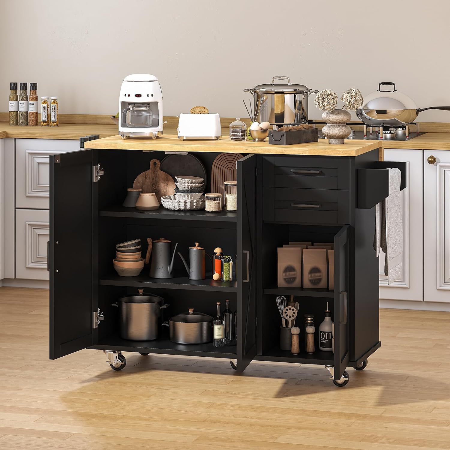 VVFLU Rolling Kitchen Island On Wheels, Kitchen Island Cart with Drop Leaf Countertop, Barn Door Kitchen Island Table with Storage Cabinet and 2 Drawer, 5 Wheels, Towel Rack and Spice Rack, Black