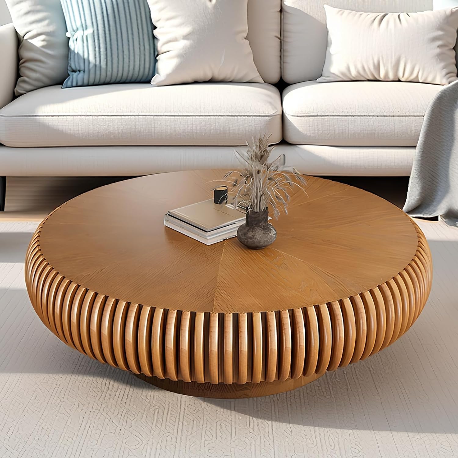 Round Drum Coffee Table for Living Room, Mid Century Modern Coffee Table with Sturdy Pedestal, Farmhouse Fluted Circle Center Table Accent Tea Table for Apartment (Large Brown)