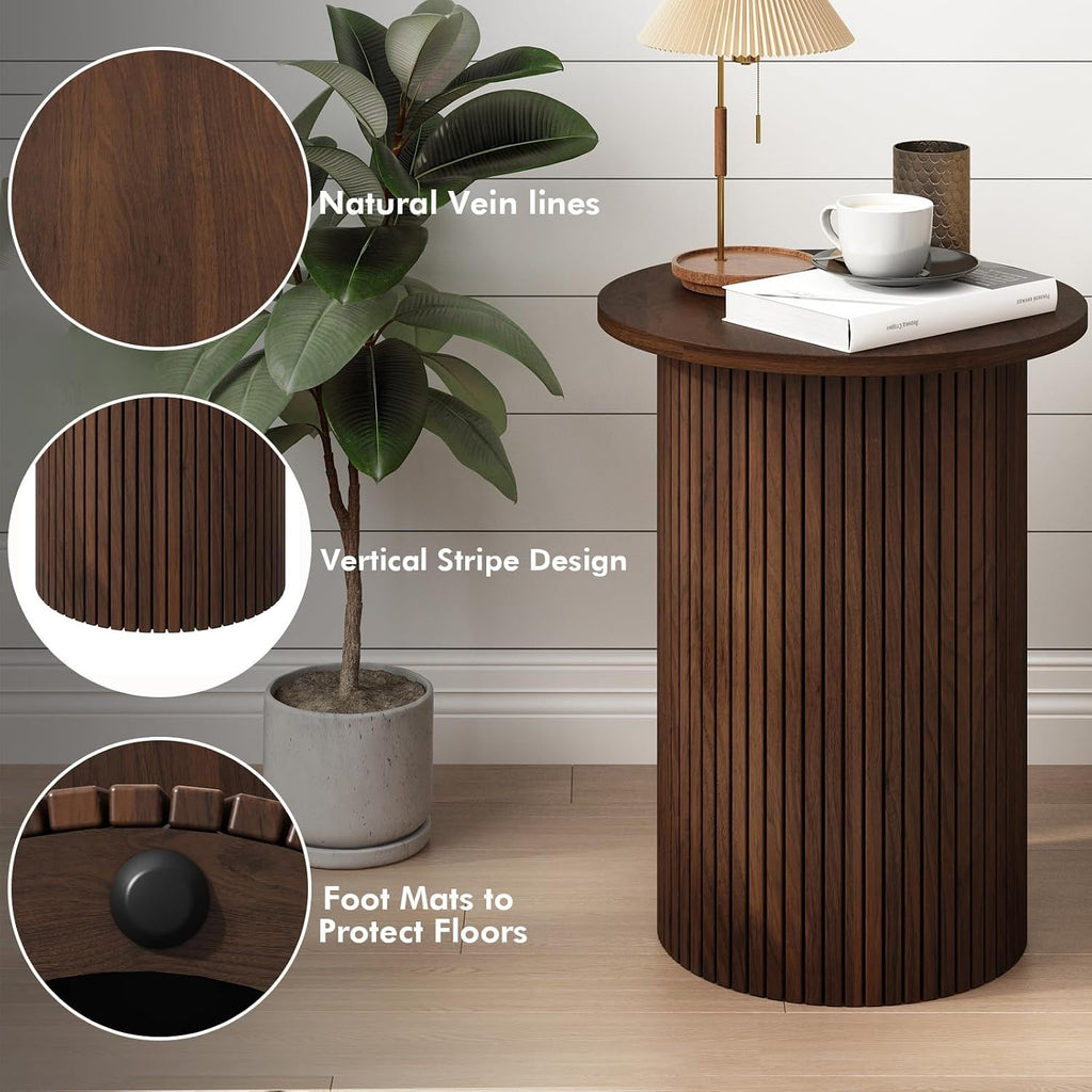 Wnutrees Round Fluted End Table, Small Accent Pedestal Side Table, Wood Fluted Nightstand Bedside Table for Living Room, Bedroom, Handcrafted Finish, Brown, 2Pack