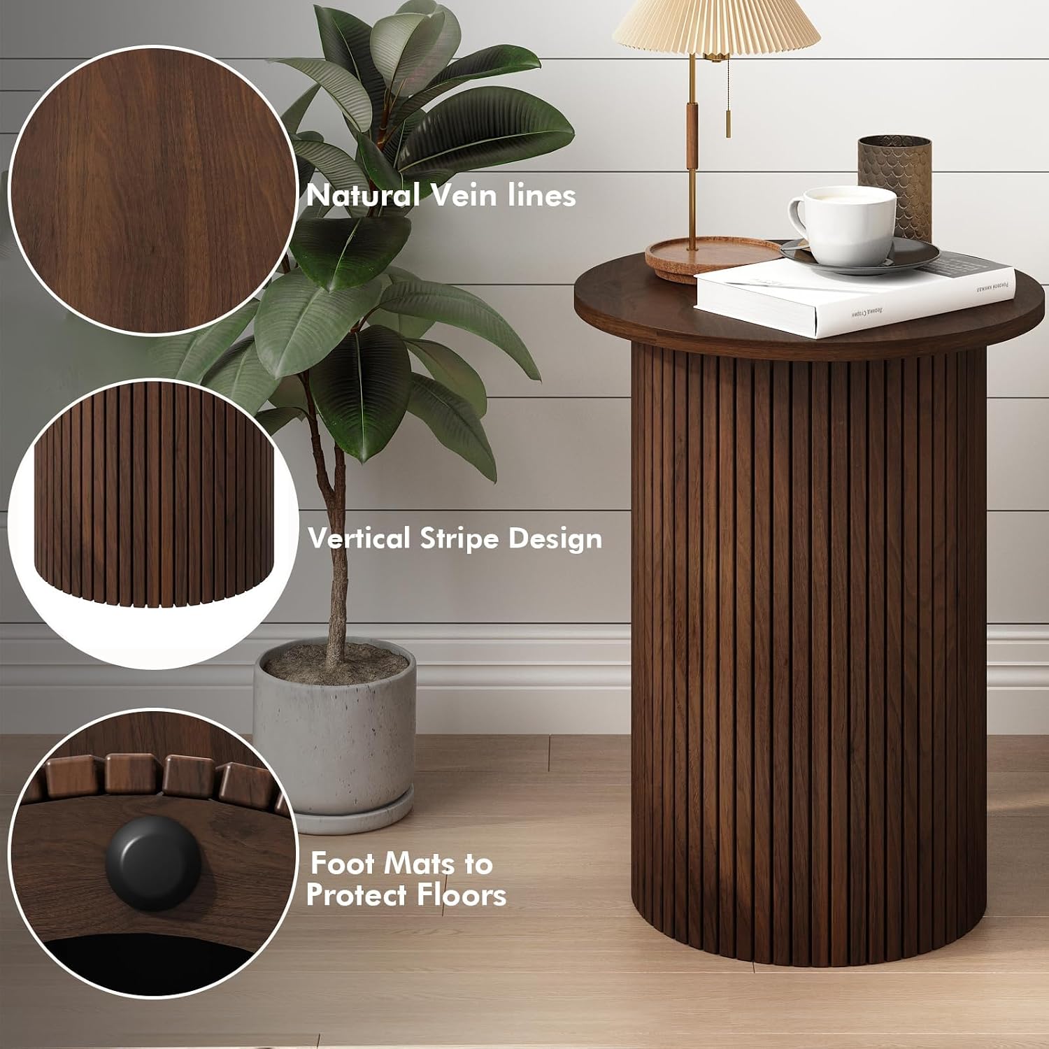 Wnutrees Round Fluted End Table, Small Accent Pedestal Side Table, Wood Fluted Nightstand Bedside Table for Living Room, Bedroom, Handcrafted Finish, Brown, 2Pack