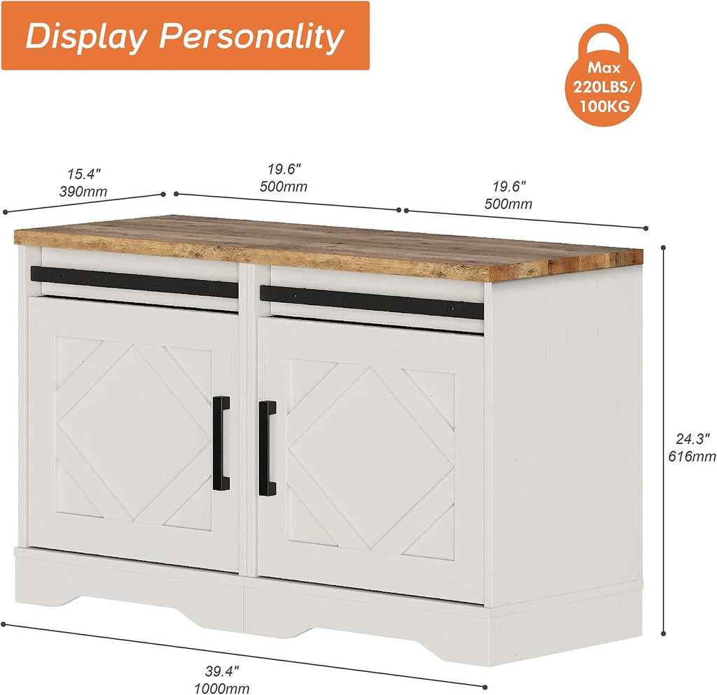 WAMPAT 24.3-inch Tall Farmhouse End Table Set of 2 with Drawer and Barn Door Cabinets for Living Room, Wood Rustic Nightstand for Bedroom,Wood Scoring-Style Purposeful Distressing,Antique White