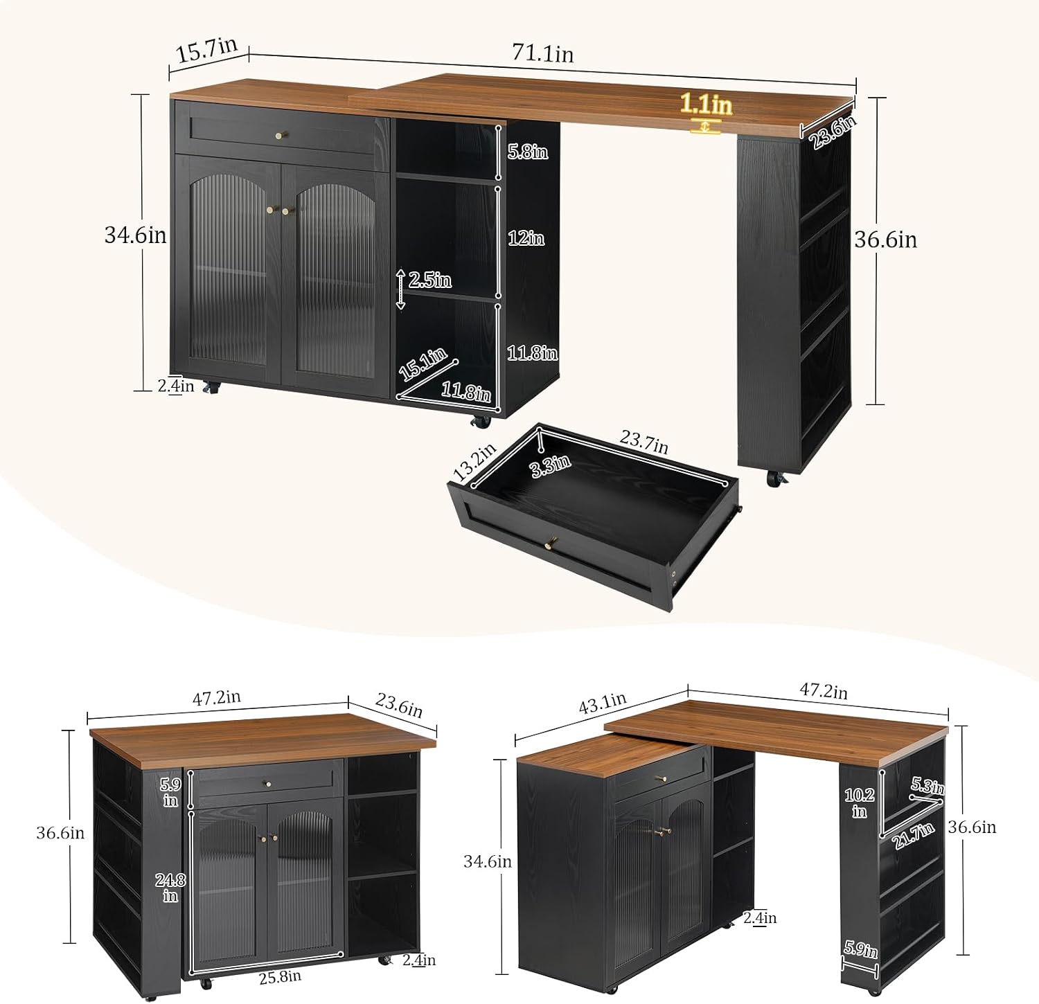 LYNCOHOME 71.1' Rolling Kitchen Island with 360° Rotating Tabletop, Mobile Lockable Wheels & Adjustable Shelves, Multifunctional Storage Cart for Kitchen & Dining（Black）