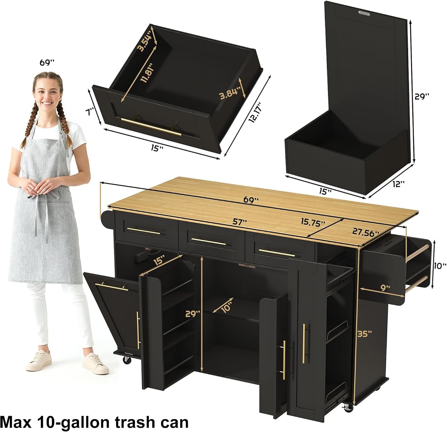 69' Large Kitchen Island on Wheels, Kitchen Rolling Island Cart with Trash Storage Cabinet, Power Outlet, 3-Tier Pull-out Storage Trays, Drop Leaf, Spice Rack, Mobile Island Table for Kitchen, Black