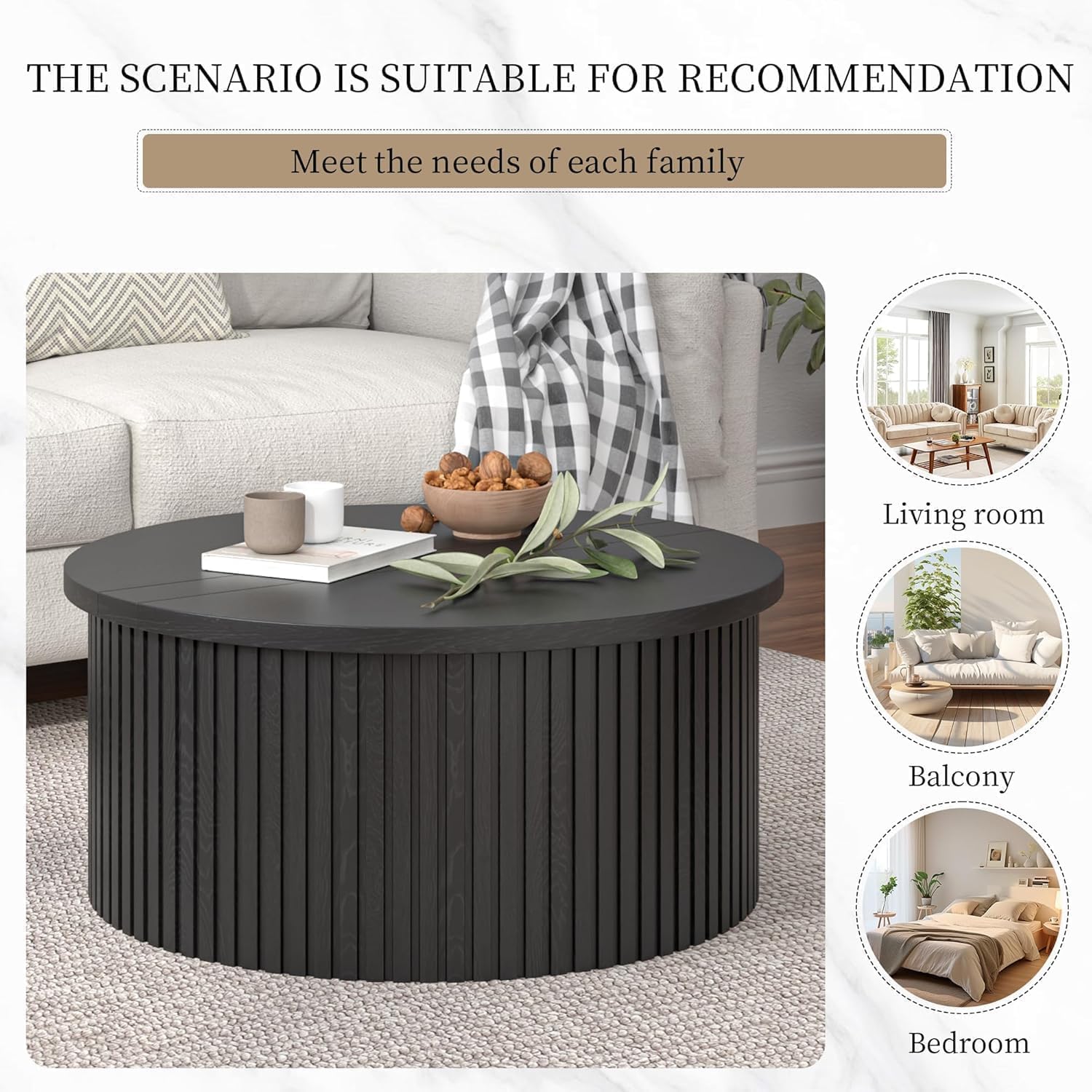 Fsbecl Fluted Lift Top Coffee Table with Storage, 34.6'' Round Coffee Tables for Living Room, Circle Wood Center Table with Hidden Conpartment (Black)