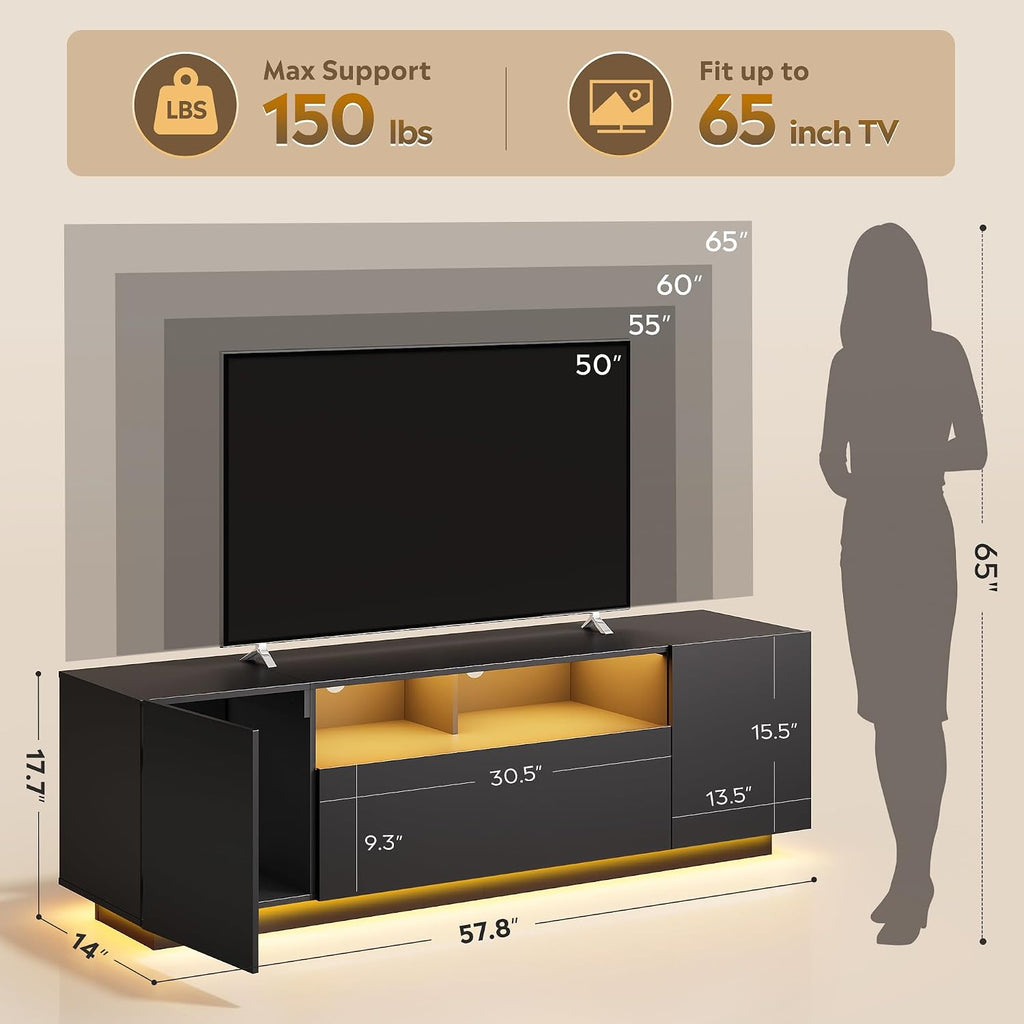 WLIVE LED TV Stand for 55/60/65 Inch TVs, Modern Entertainment Center with Storage Cabinets and Drawer, Gaming Media TV Console with RGB Lights for Living Room, Black