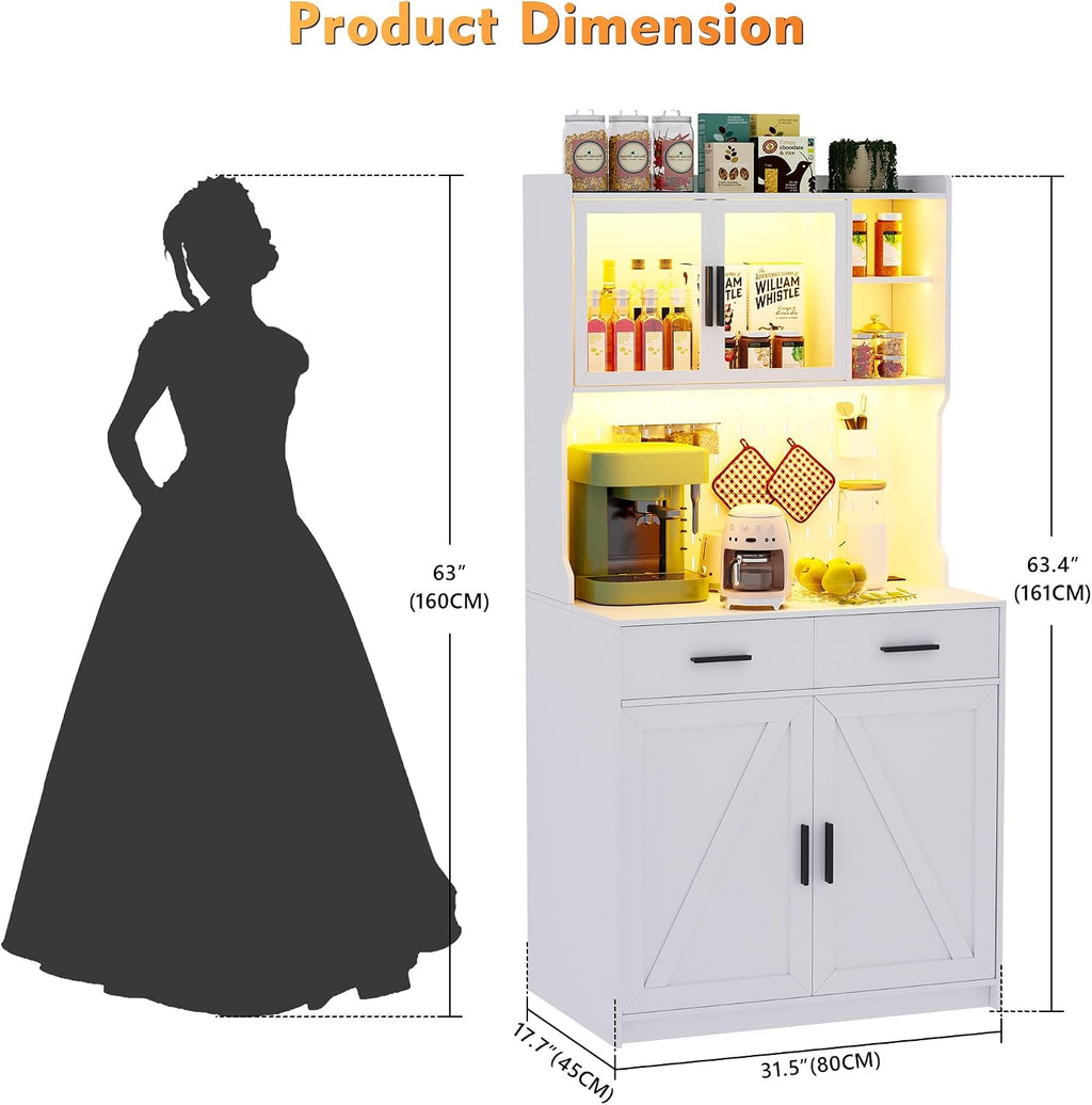 Gurexl 64' Farmhouse Kitchen Pantry with Auto Sensor LED,Storage Cabinets with 2 Outlets for Microwave & USB-C Ports,Hutch Cabinet with Pegboard,2 Cabinet,2 Drawers,1 Large Countertop