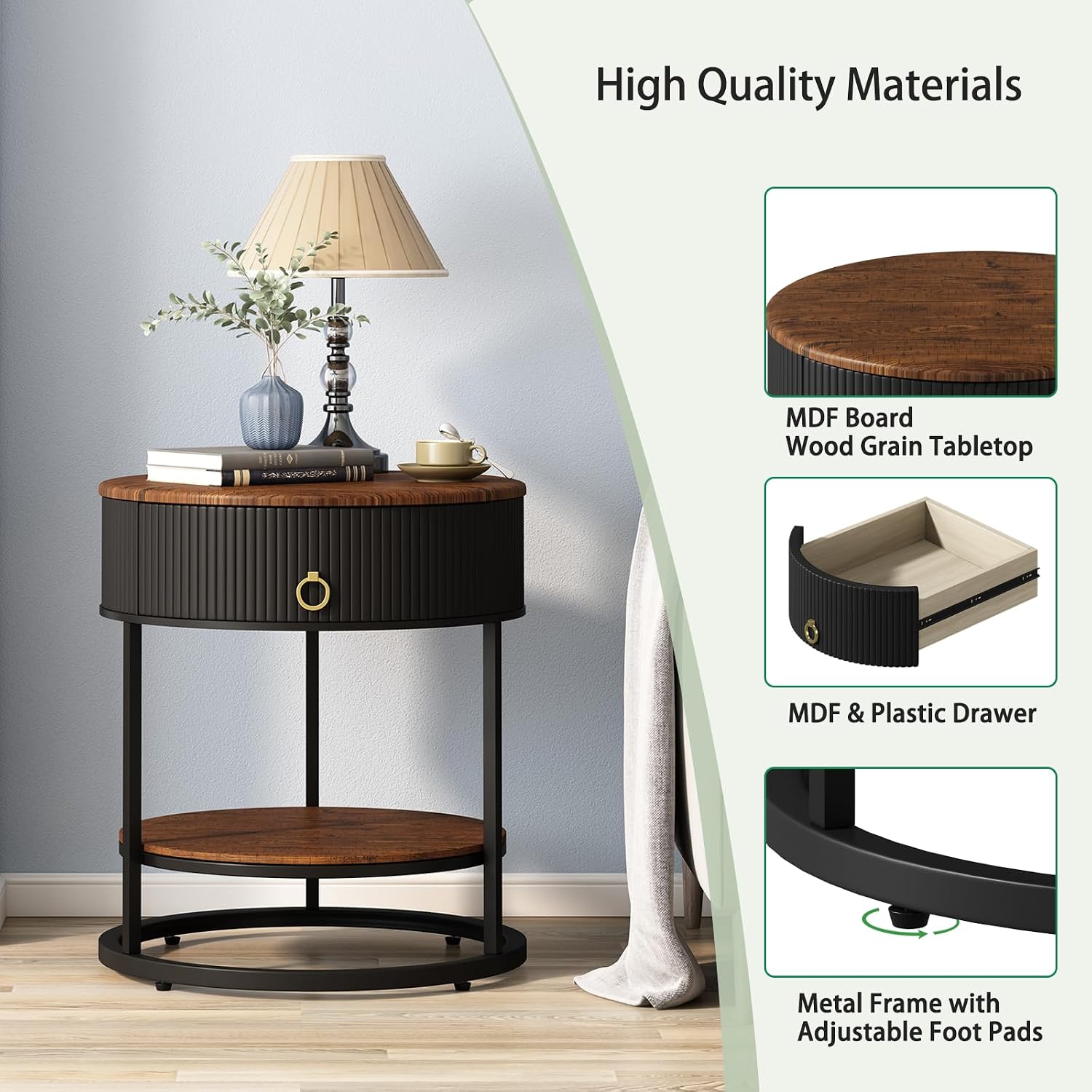 OIOG Round End Table with Drawer, Modern Wood Grain Side Table with Shelf, 2-Tier Nightstand with Drawer for Living Room, Bedroom, Rustic Brown and Black