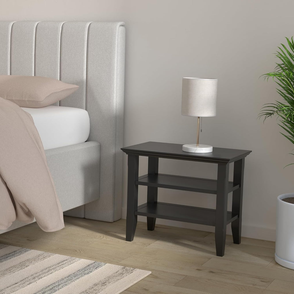 SIMPLIHOME Acadian Narrow Side Table - 14 inch Wide Solid Wood Rectangular End Table with 2 Open Shelves in Black, Transitional Lamp Stand or Nightstand for Living Room or Bedroom with Storage