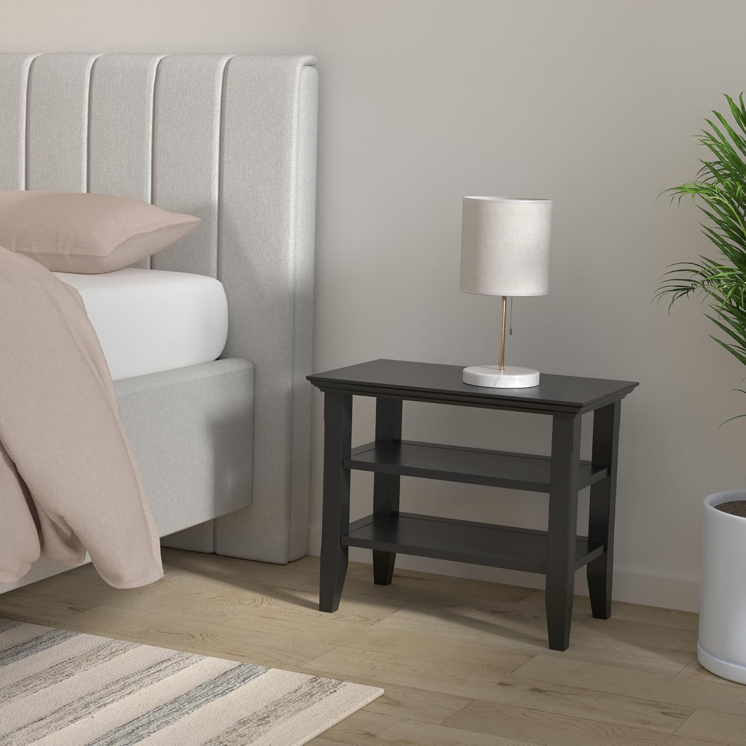SIMPLIHOME Acadian Narrow Side Table - 14 inch Wide Solid Wood Rectangular End Table with 2 Open Shelves in Black, Transitional Lamp Stand or Nightstand for Living Room or Bedroom with Storage