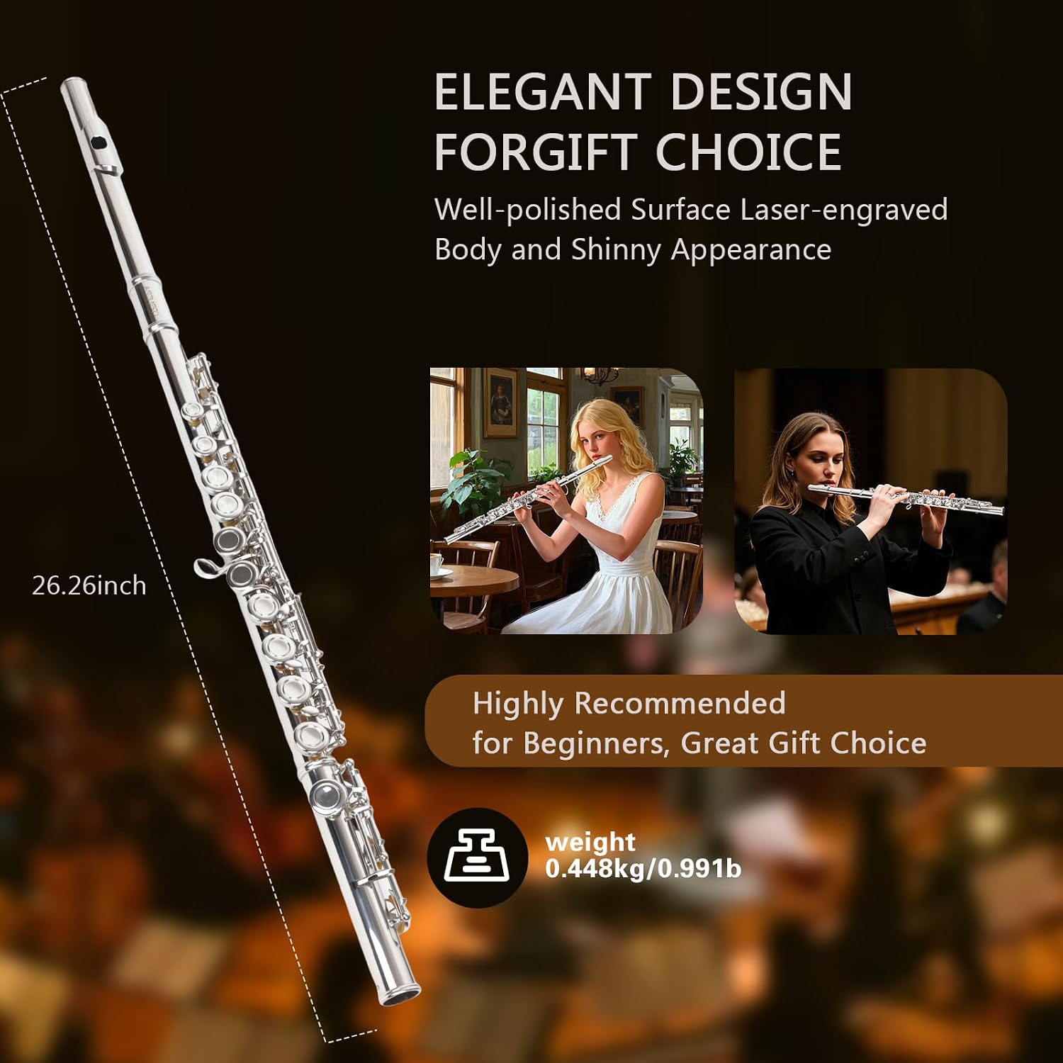 Professional Nickel Plated C Flute for Beginners and All Levels, 16 Key Closed Hole with Ergonomic Design, Includes Carrying Case, Gloves, Cleaning Cloth, Tuning Rod, INEFFA