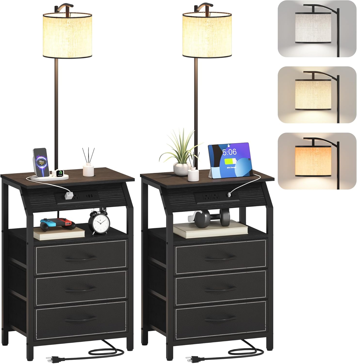 End Table with Floor Lamp Set of 2, Nightstand with Charging Station, Floor Lamp Table with 3-Color Temperature Bulb, Bedside Table Night Stand with 3 Drawers for Bedroom, Living Room, Black