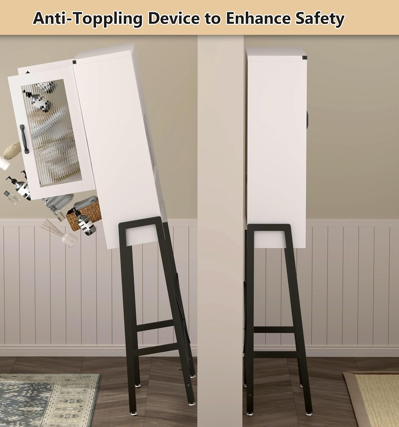 Over The Toilet Storage Cabinet with Tempered Glass Doors & Metal Stand, Over Toilet Organizer with Adjustable Shelf Space Saver Over Toilet , Tall Freestanding Shelf/Rack for Bathroom, Modern, White