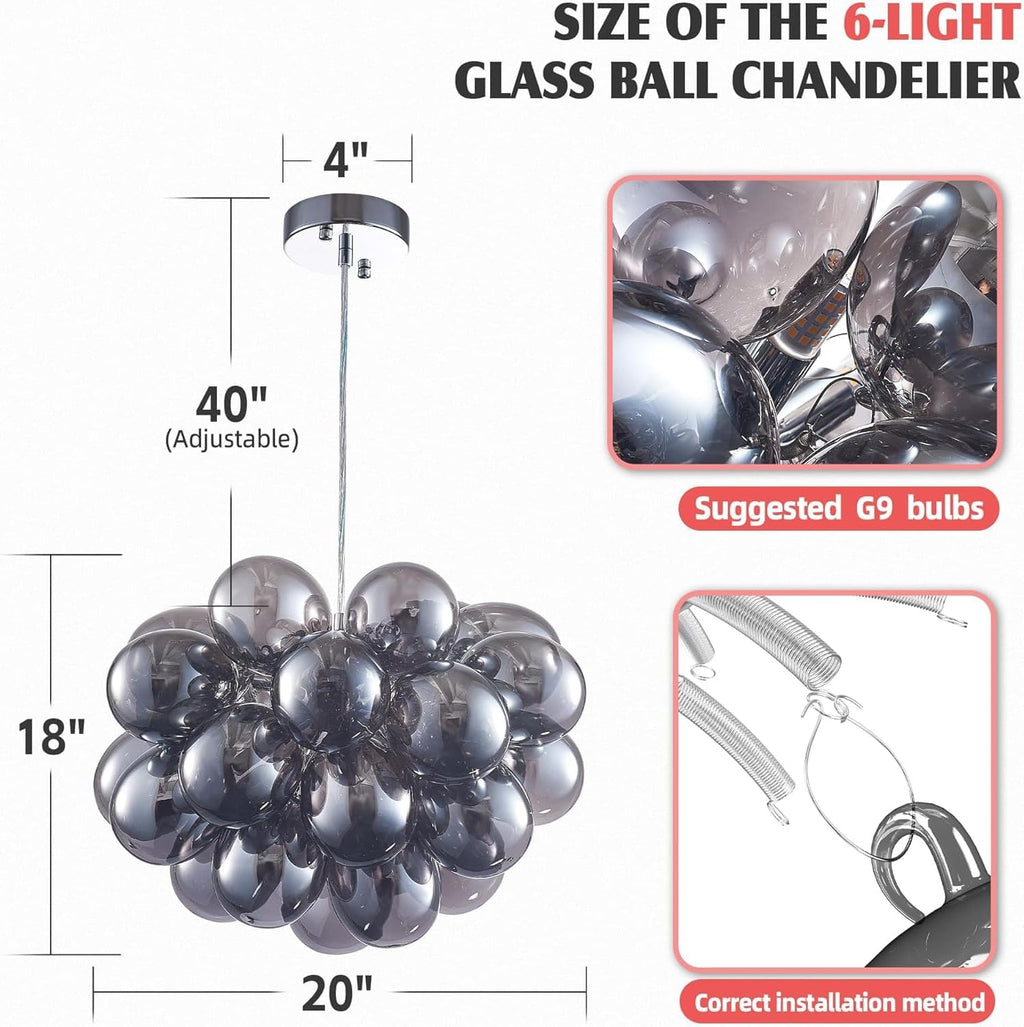 Semi Flush Mount Bubble Chandelier,Close to Ceiling Light Fixtures,16' Modern Bubble Balloon Glass Chandelier with Colorful Globe Glass Shades Pendant Light (Grey Chandelier, 20 inch)