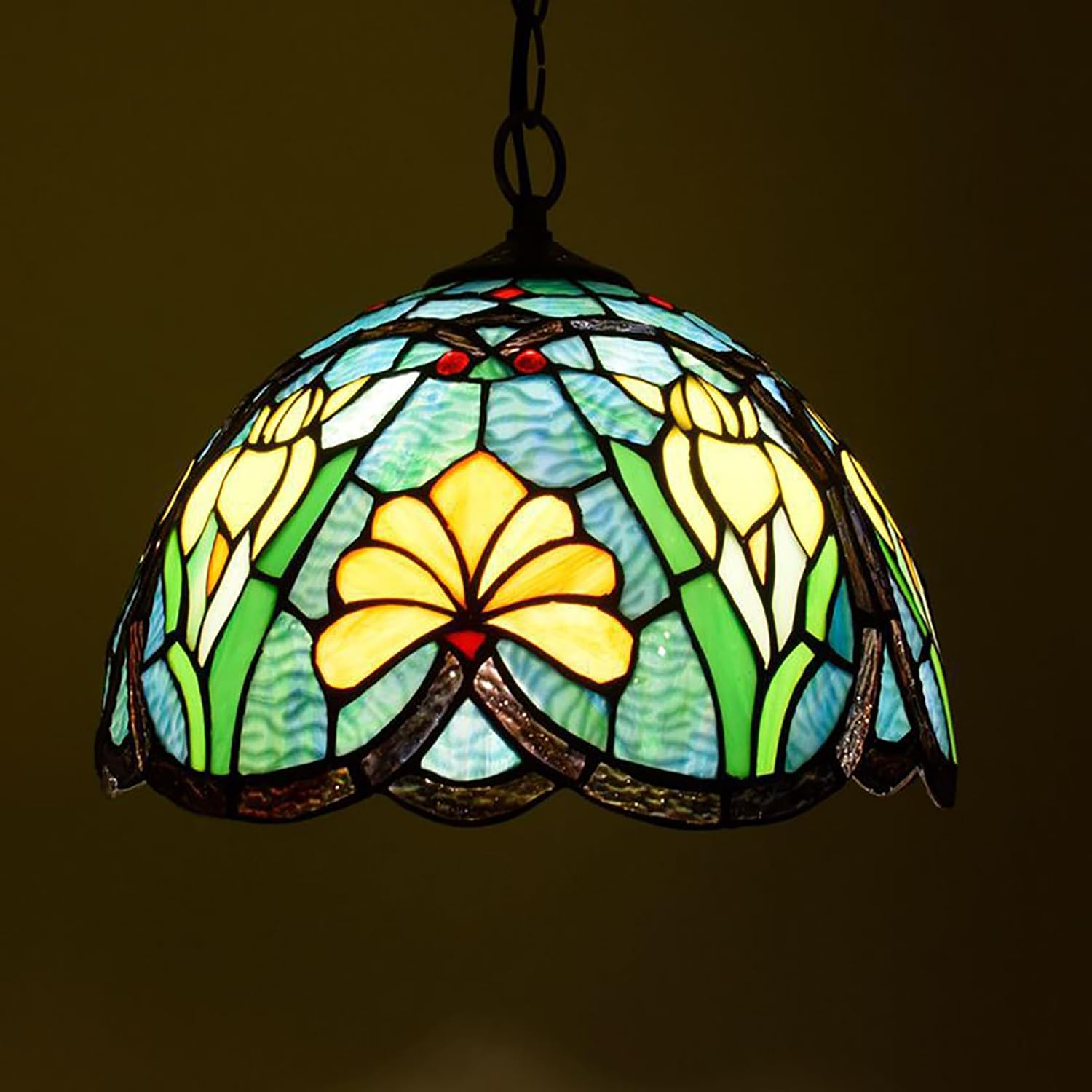 Tulip Lamp Shade Replacement, 12 Inch Yellow Tulip Blue Green Stained Glass Lampshade for Table Lamp, Floor Lamp, Bedside Lamp, Ceiling Light,