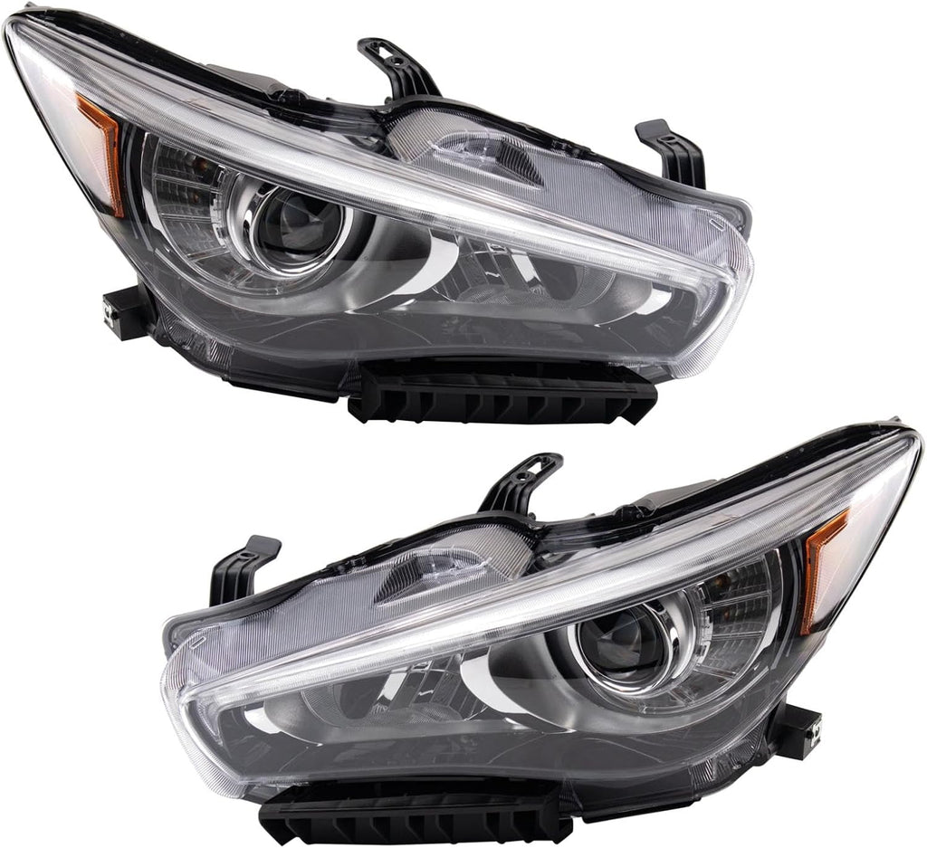 TRQ Driver and Passenger Side Headlight Assembly Set Compatible with 14-17 Infiniti Q50 without Adaptive Headlights LED Only