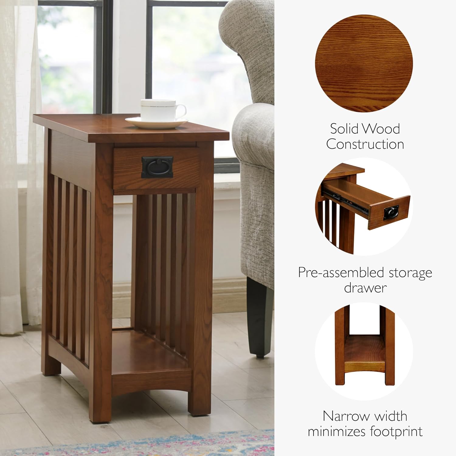 Leick Home Mission End Table, Solid Wood, 1 Storage Drawer, Bottom Display Shelf, Narrow, Slatted Sides, Easy-Assembly, Medium Oak, 22.5 in L x 12 in W x 24 in H, 8202