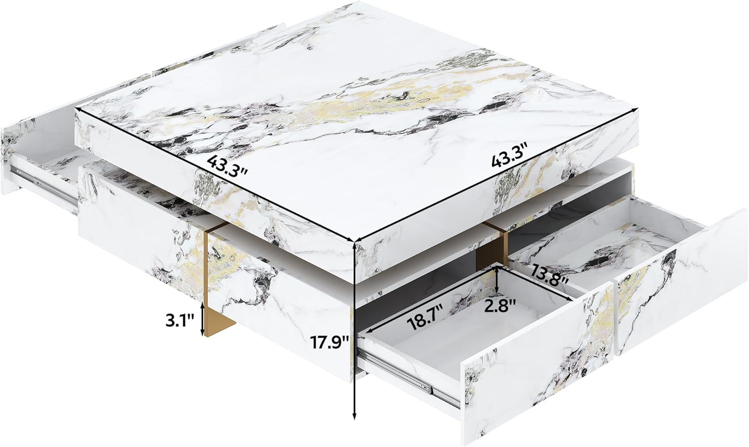 Merax 43.3 Inch Modern Large Square Coffee Table with Marble Textured Top, 4 Built-in Drawers Ample Storage and Floating Suspended Base, Modern Elegance White MDF Storage Center Table for Living Room