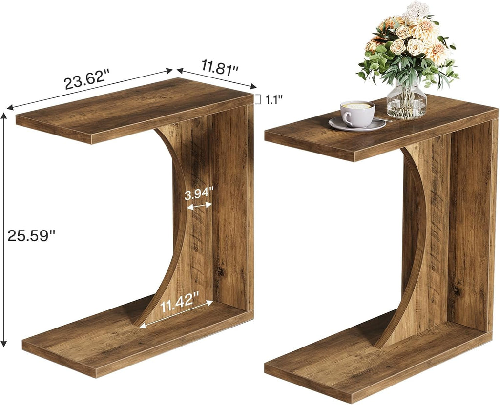 Tribesigns Set of 2 C-Shaped End Table for Couch, Small Bedside Table for Sofa, Wooden Nightstand for Living Room Bedroom Laptop Work Desk (2, Rustic Brown)