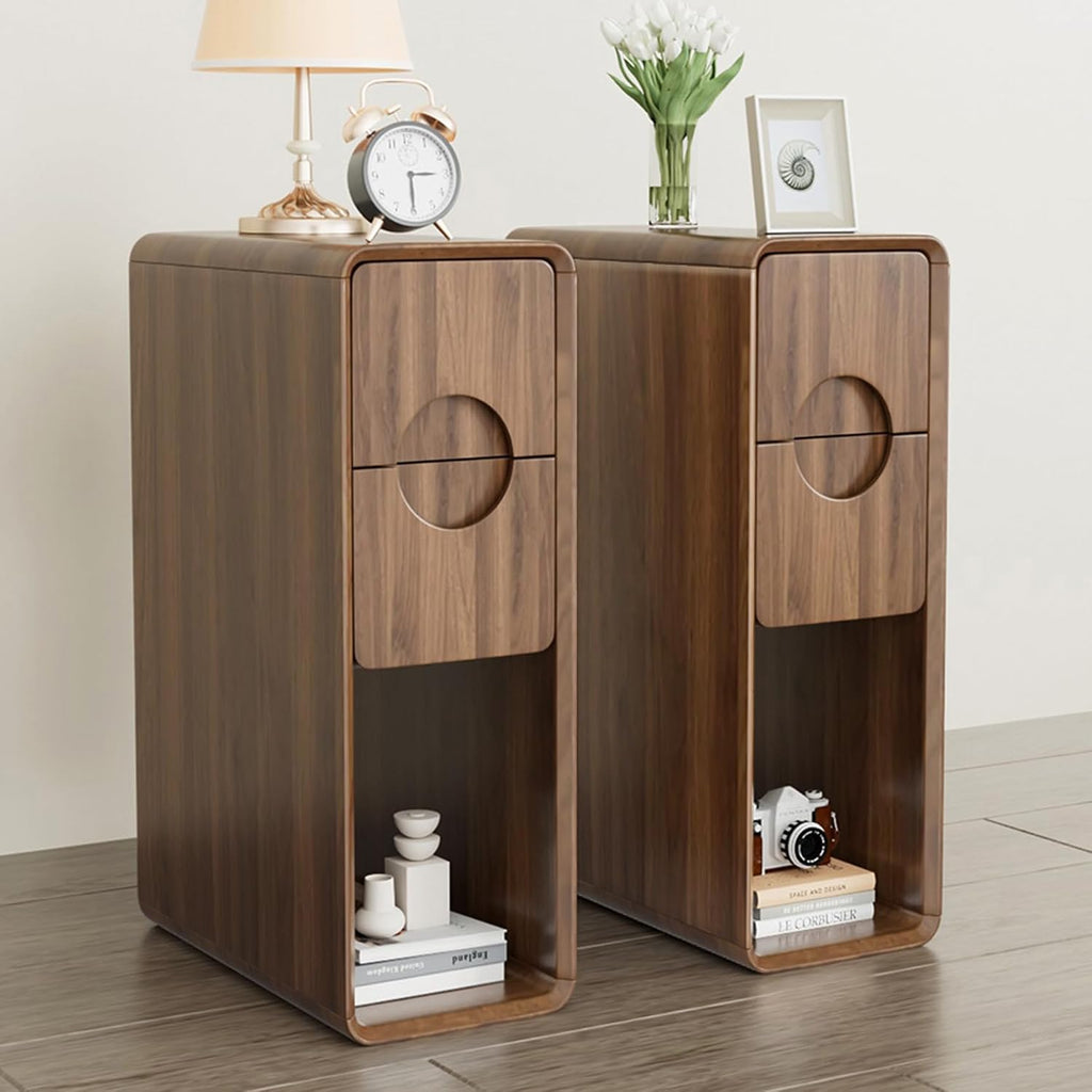 Narrow Walnut Nightstand Set of 2, Small Bedside Table with Circular Drawer, Skinny Side End Table, Wood Nightstand, Mid Century Modern Night Stand for Bedroom, Small Spaces, Slim, Vintage, Boho