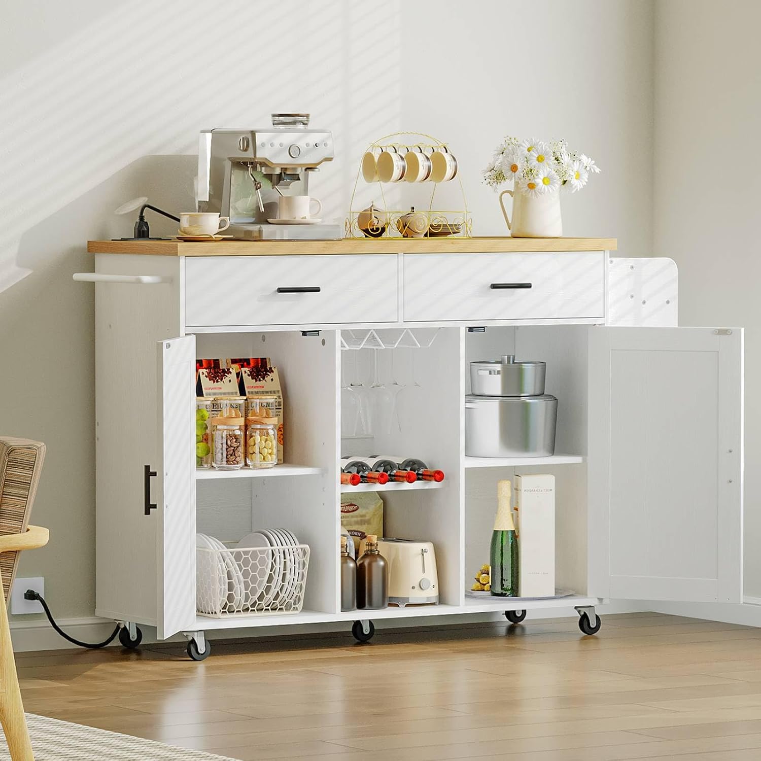 HOOBRO Kitchen Island with Power Outlet, Rolling Kitchen Island on Wheels, Island Table with Storage Cabinet, 2 Drawers, Spice Rack and Towel Rack, White and Natural WN14UZD01