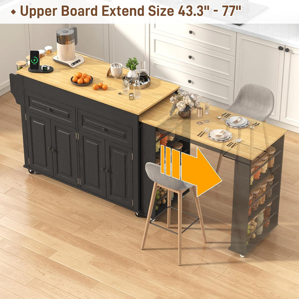 80'-48' Extendable Kitchen Island with Extended Dining Table and Power Outlet,Large Mobile Kitchen Storage Islands with 2 Storage Drawers,Rolling Islands Cart with 3 Extra Rows Open Shelves(Black)