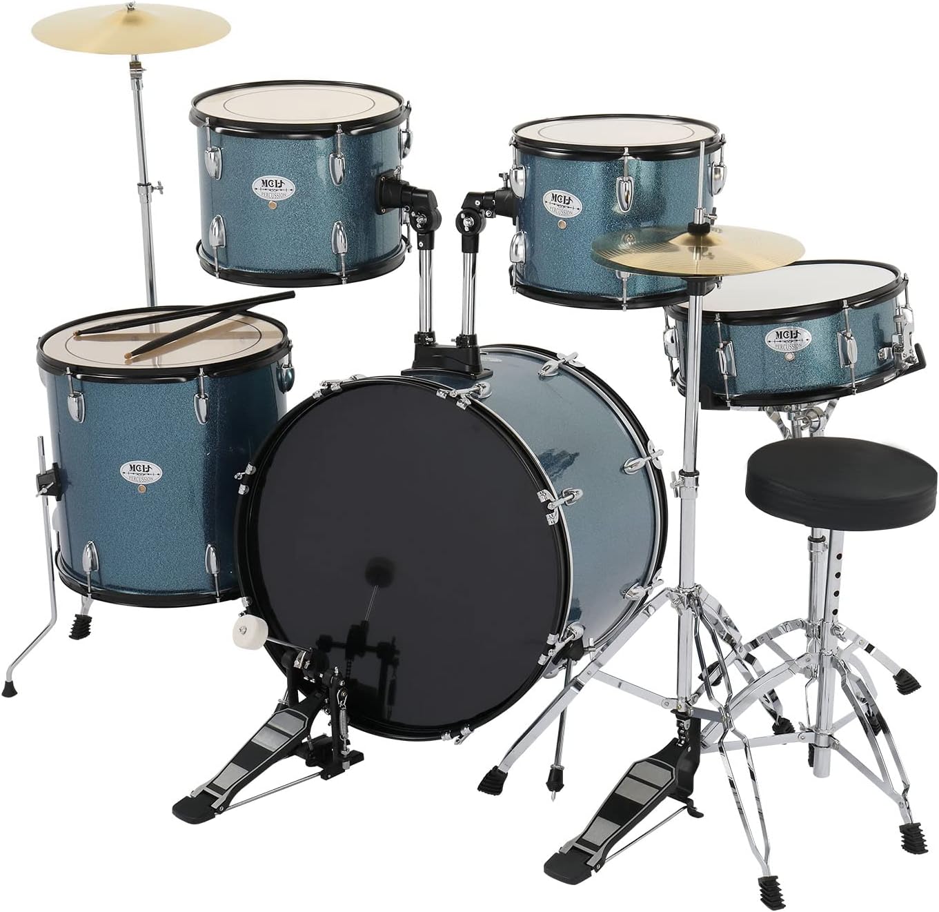 5-Piece Full Size Complete Adult Drum Set,22 Inch Drum Set,with Cymbal Stands, Hi-hat Stand, Sticks, Drum Pedal, Stool & Floor Tom for Beginner Teens Student