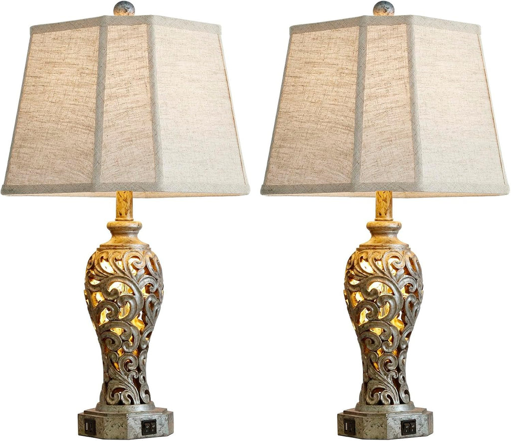 Vintage Table Lamps Set of 2 for Living Room Bedroom, 2 USB Ports 25'' Rustic Farmhouse Desk Lamp with Nightlight, Iron Gray Hollow Out Resin Lamp for End Table (Bulbs Included)