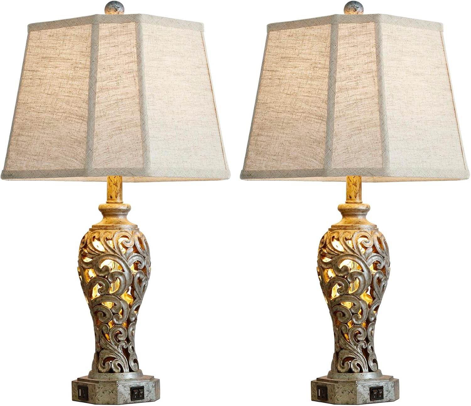 Vintage Table Lamps Set of 2 for Living Room Bedroom, 2 USB Ports 25'' Rustic Farmhouse Desk Lamp with Nightlight, Iron Gray Hollow Out Resin Lamp for End Table (Bulbs Included)