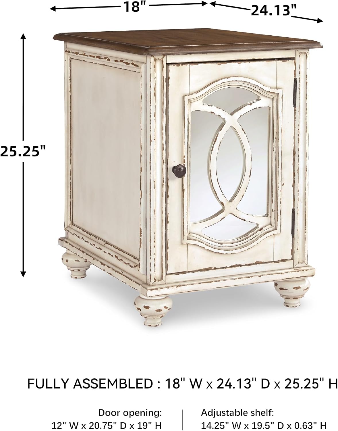 Signature Design by Ashley Realyn Farmhouse Chair Side End Table with Cabinet For Storage, Antique White & Brown