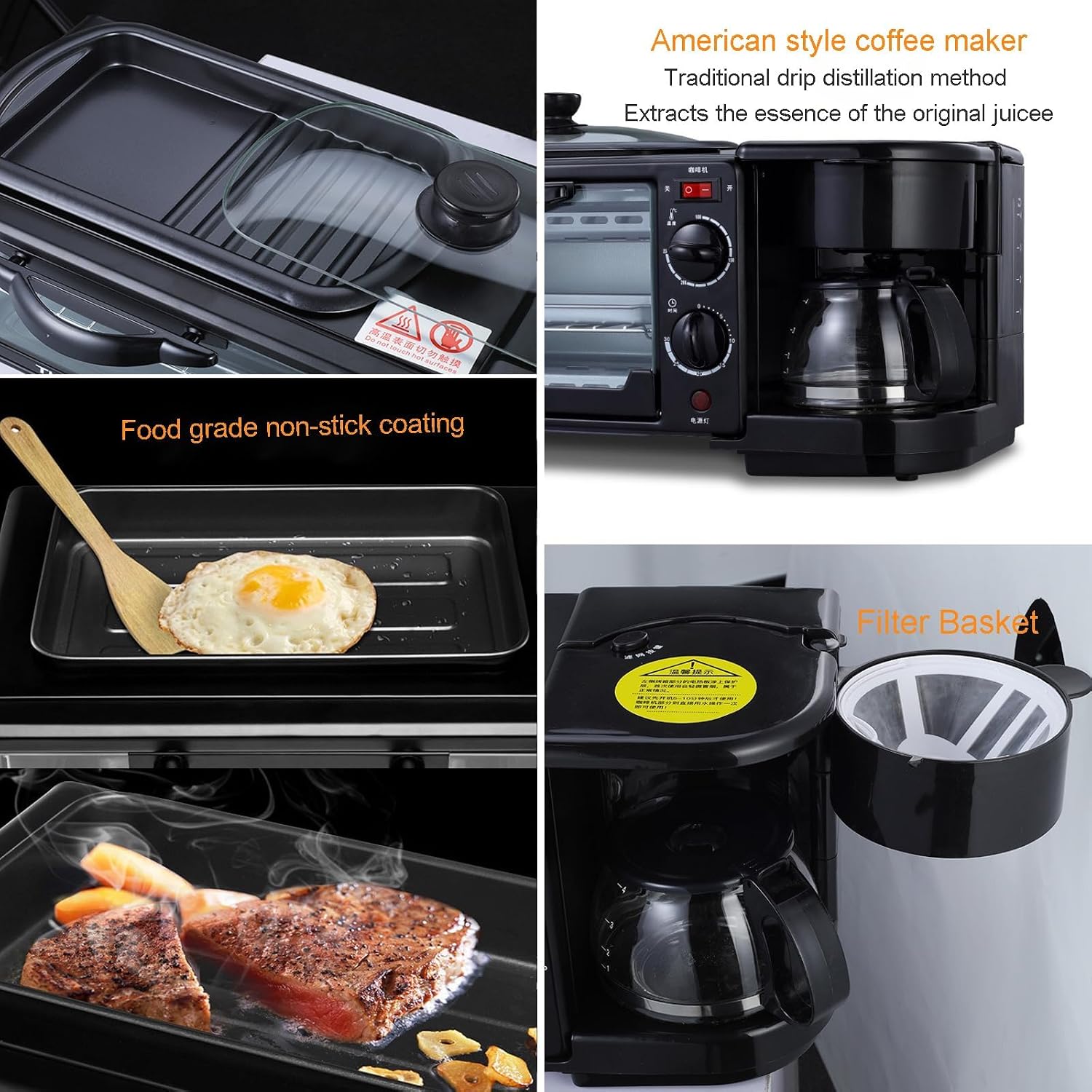 3 in 1 Breakfast Station with Coffee Maker, 1250W Electric Breakfast Maker 9L Non Stick Bread Toaster Oven with Frying Pan, Multi-Function Sandwich Maker Griddle Machine for Egg Bacon Sausages